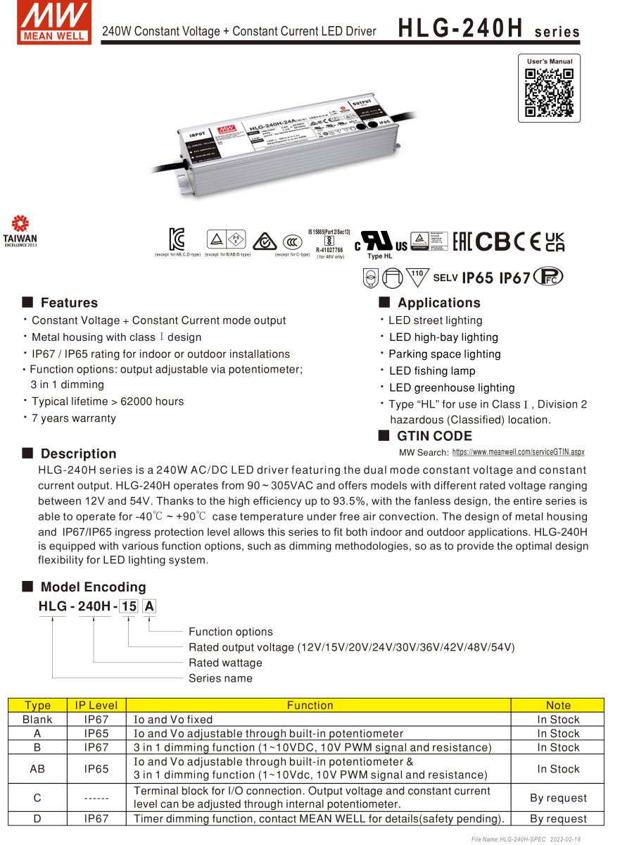 Nguồn Meanwell HLG-240H-24 (240.00W/24V/10.00A)
